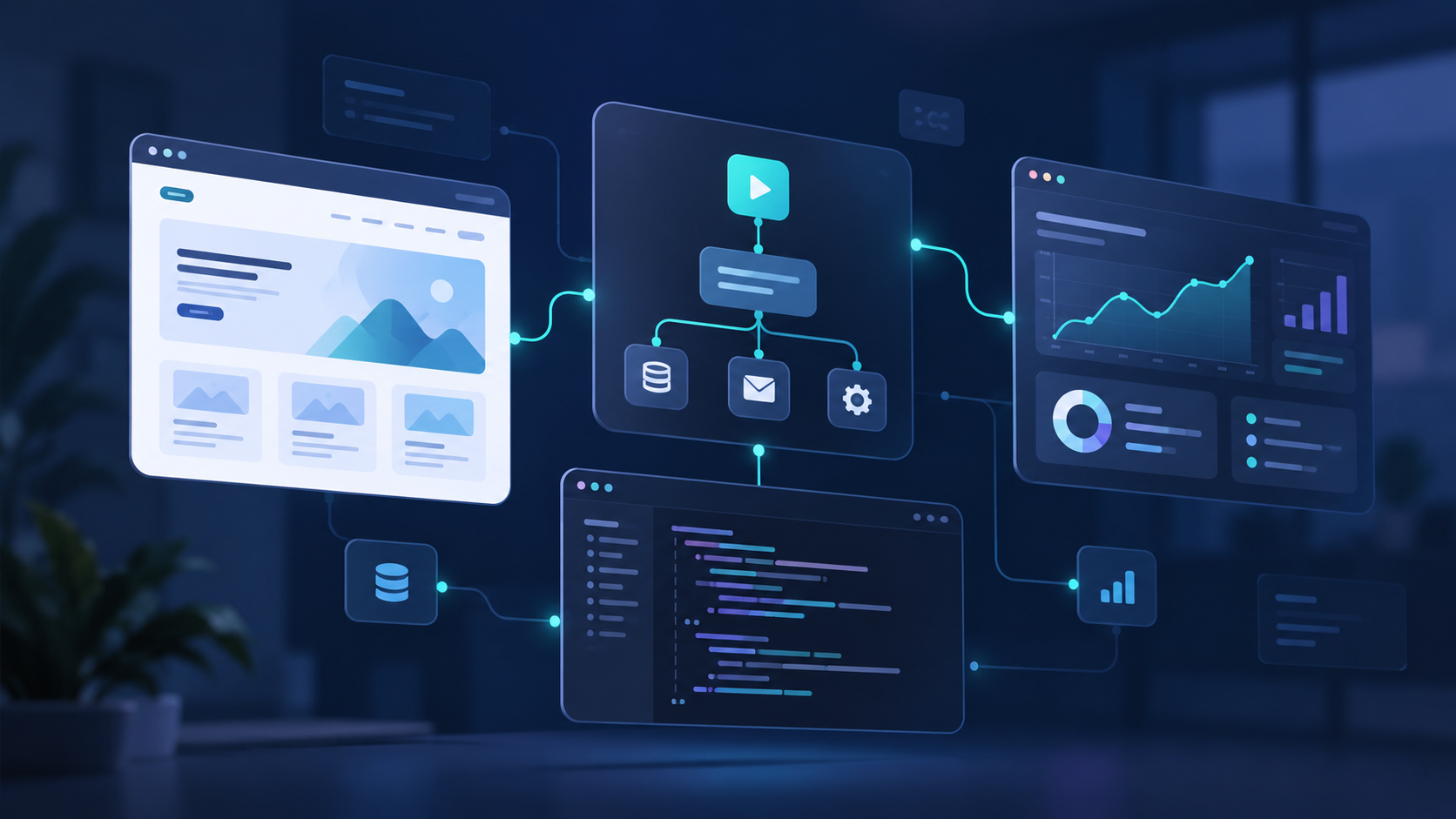 Illustration of a digital workflow with website, automation, code, and dashboard elements