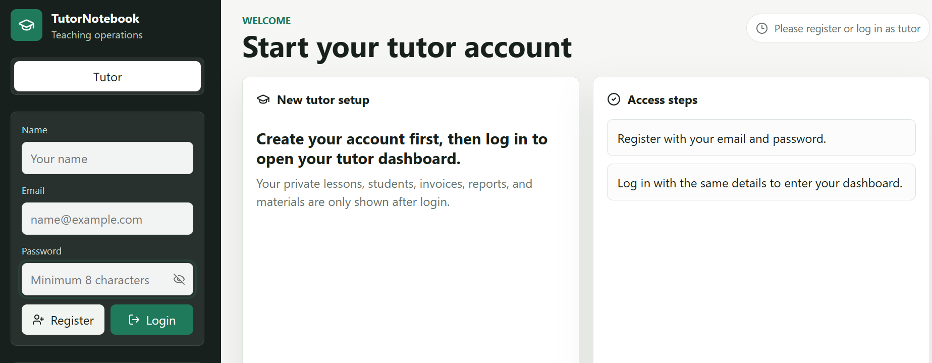 TutorNotebook Weboberfläche mit Tutor-Registrierung und Zugangsschritten
